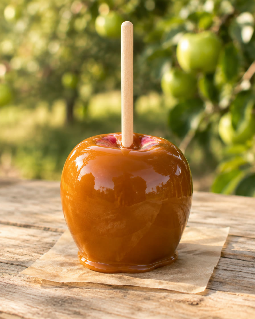 A glossy caramel apple on a wooden stick