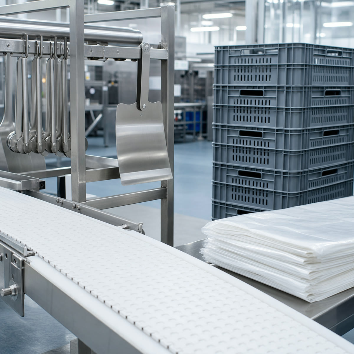 A modular conveyor belt, utensils, stacked crates and packaging in a food-processing plant