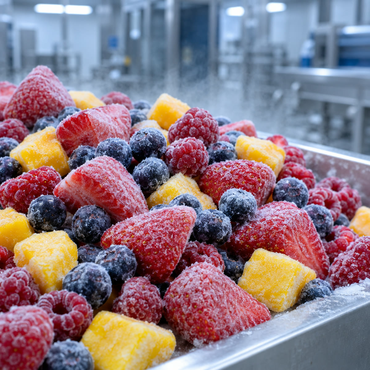 Individually quick frozen strawberries, blueberries, raspberries and mango covered in frost
