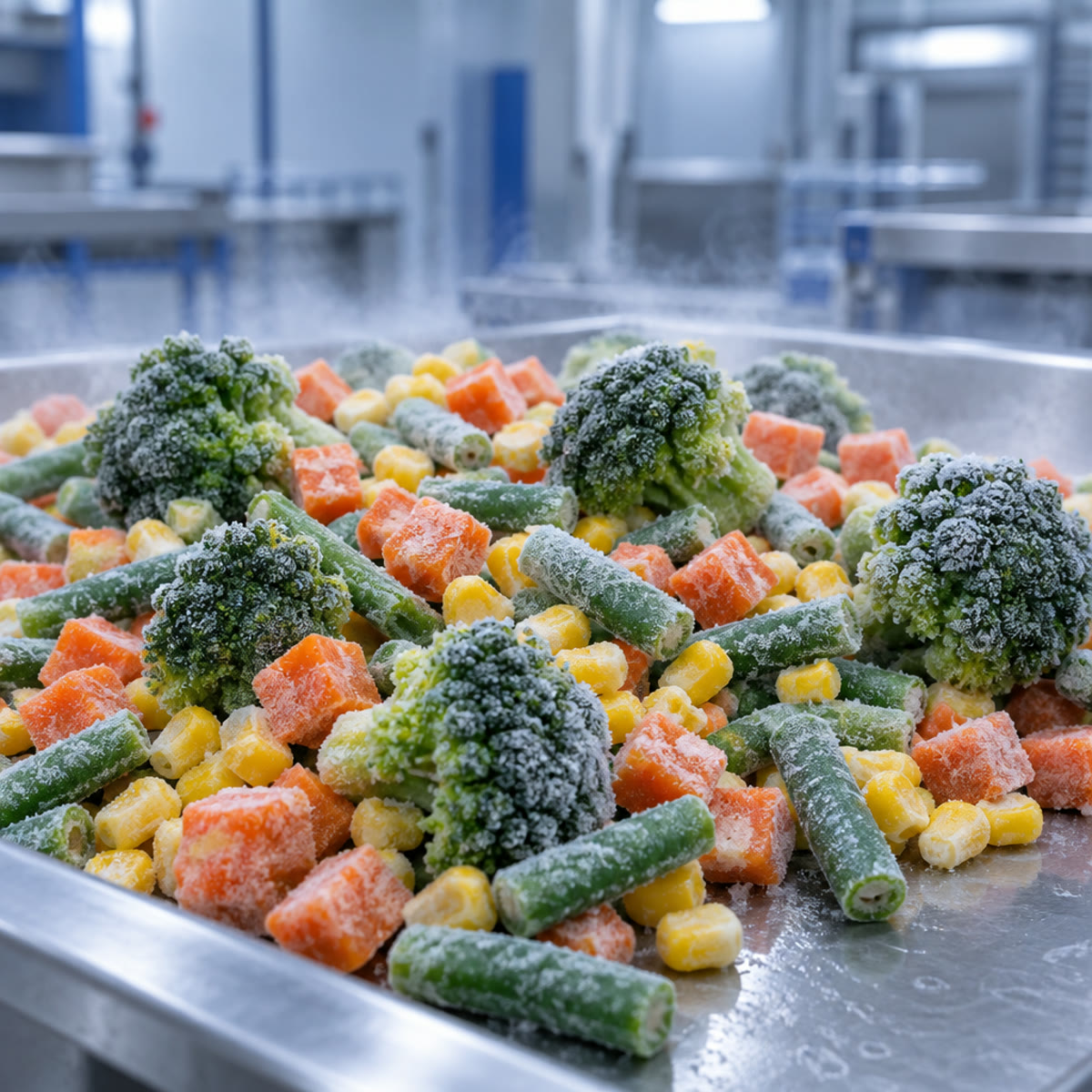 Frozen diced carrots, corn, green beans and broccoli covered in frost on a cold tray
