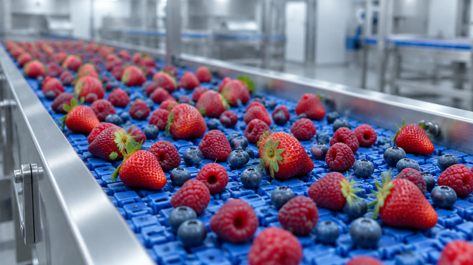 Fresh strawberries, blueberries and raspberries on a blue conveyor belt in a processing facility