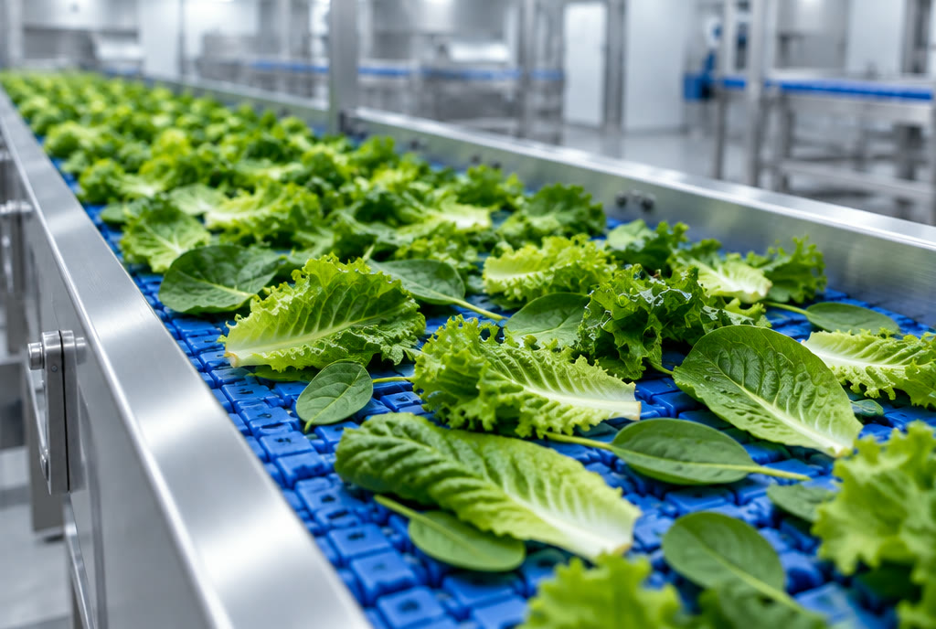 Loose fresh lettuce and spinach leaves on a blue conveyor belt in a processing facility