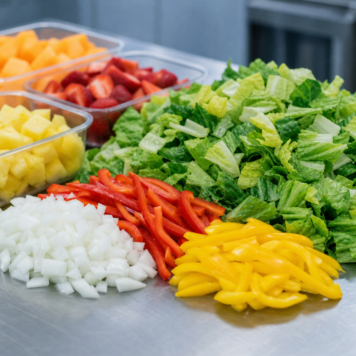Diced onion, sliced bell pepper and chopped lettuce prepared on a stainless-steel surface