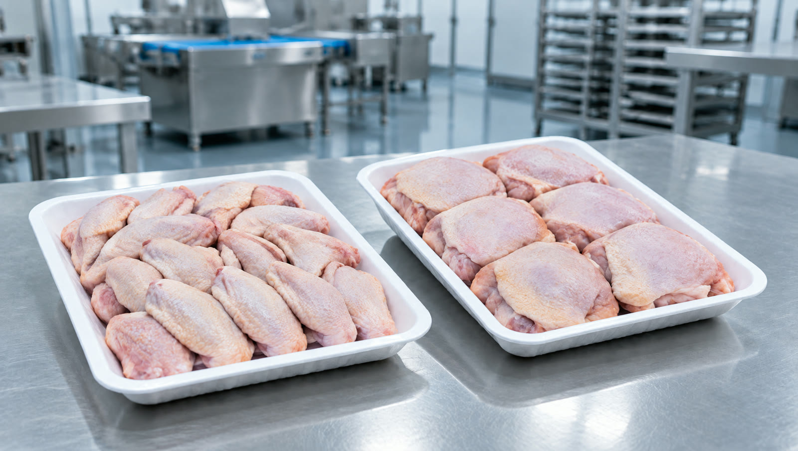 Raw chicken wings and thighs in open foam trays on a stainless-steel table