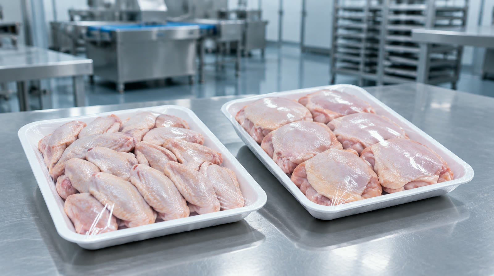 Raw chicken wings and thighs on wrapped foam trays on a stainless-steel table