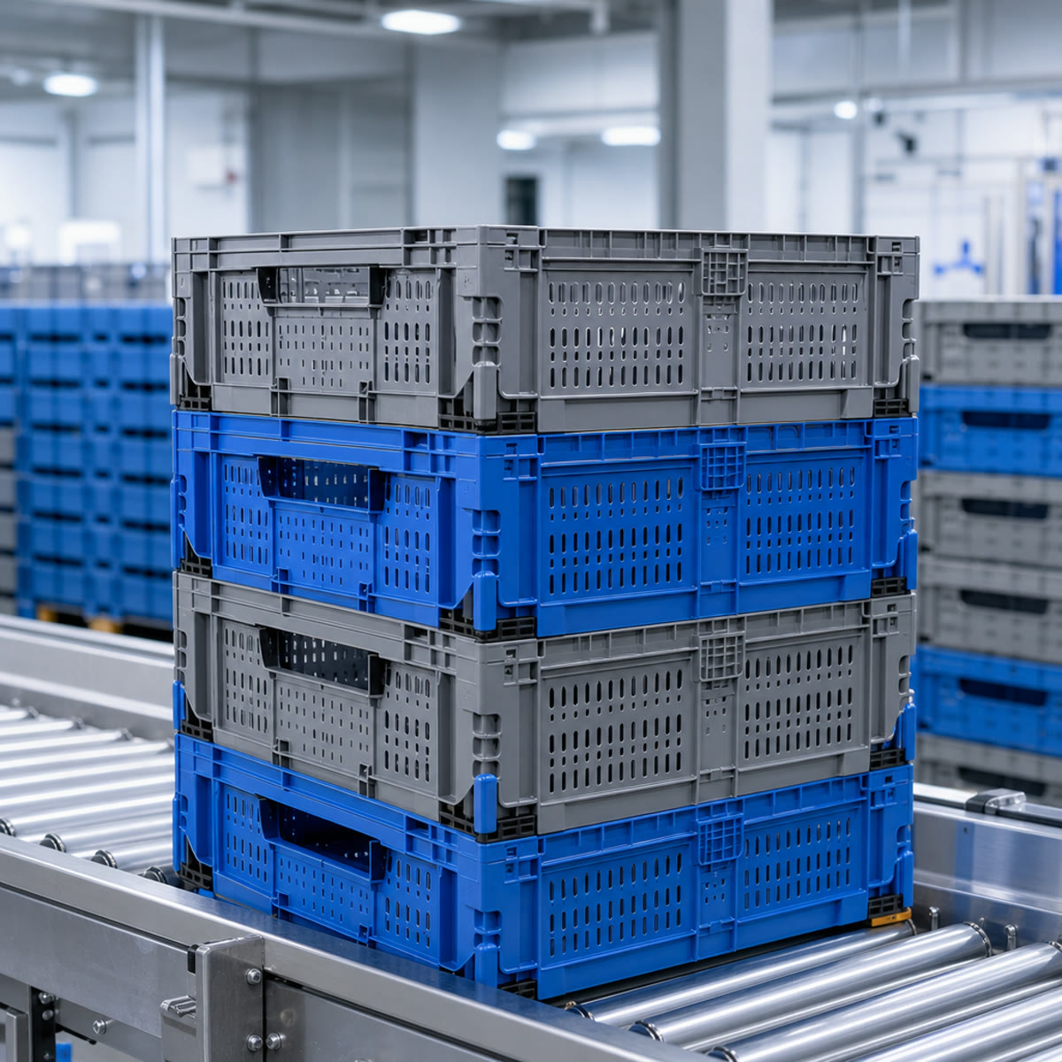Stacked reusable plastic containers on a conveyor in a distribution facility