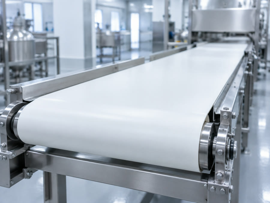Flat white food-grade conveyor belt on a stainless-steel frame