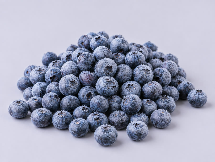 Frost-covered frozen blueberries