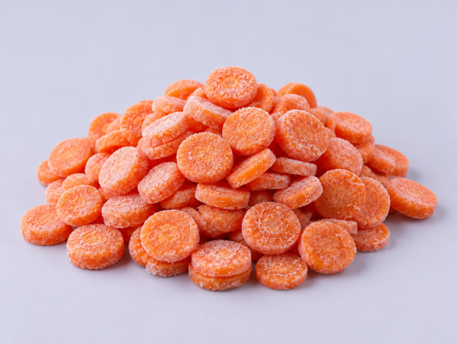 Frozen carrot slices covered in frost