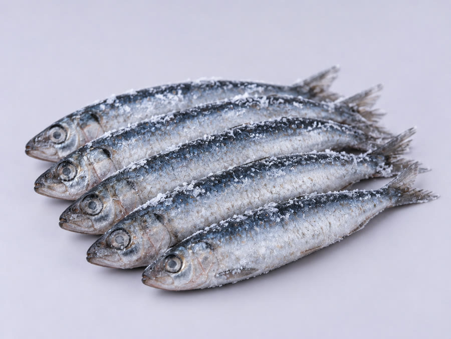 Whole frozen sardines covered in frost