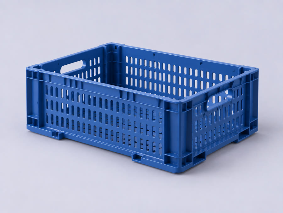 Blue perforated reusable plastic crate