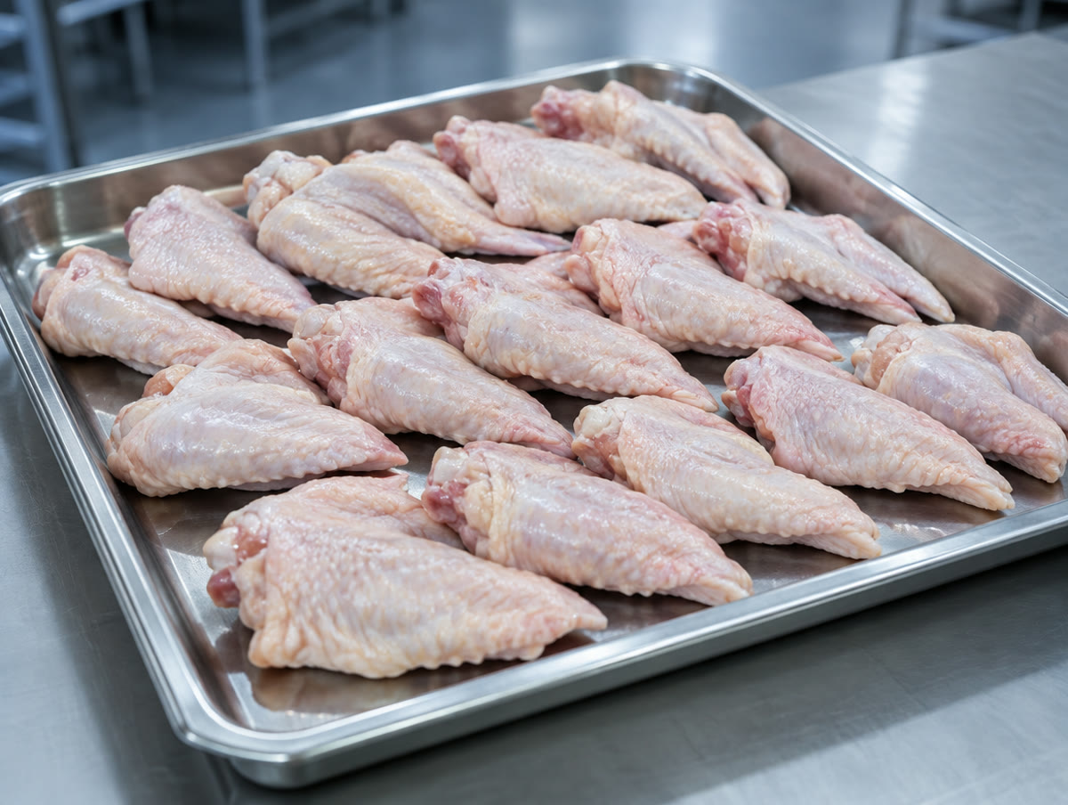 Fresh raw chicken wings on a stainless-steel tray