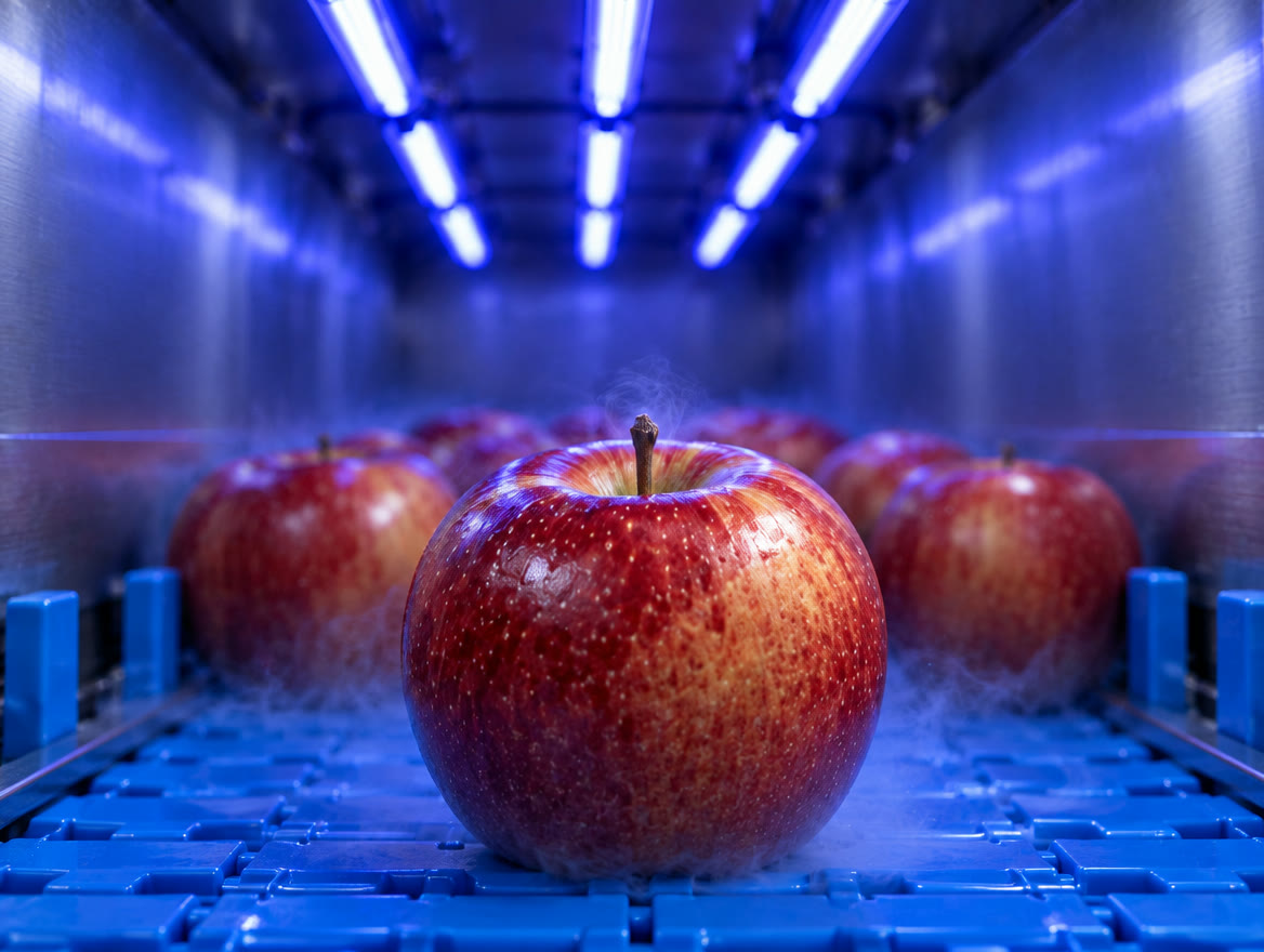 A red apple on the conveyor inside a treatment chamber, with a fine vapour wrapping around its stem and base