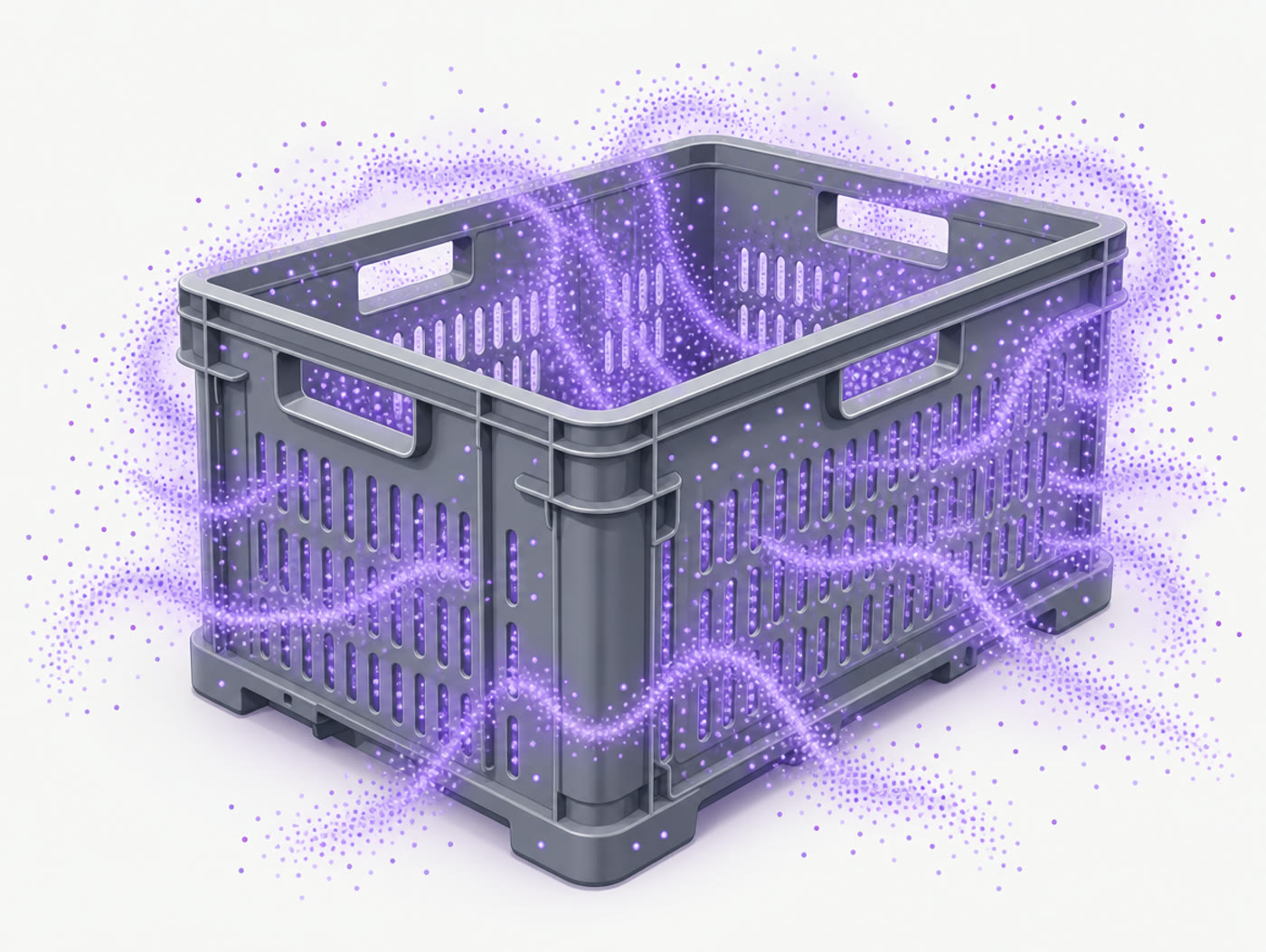 Illustration of gas-phase treatment flowing through every perforation and corner of a reusable plastic crate